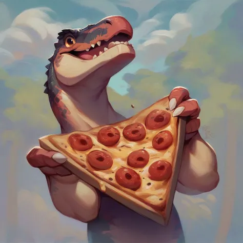 a cute t rex dinosaur holding a pizza