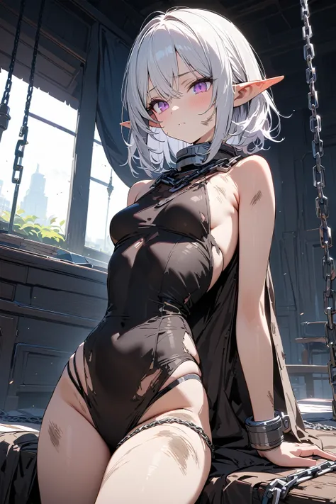 (masterpiece, best quality:1.5), (ultra detailed, high resolution, 8k, beautiful detailed, UHD, best anatomy), white hair, flat breasts, 1 very small elf, dirty shoddy rags covering the entire body, iron collar, submissive, expressionless, emotionless, no ...