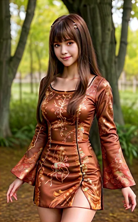 masterpiece, best quality, 1girl, solo, long hair, looking at viewer, smile, bangs, hair ornament, brown eyes, long sleeves, dress, standing, collarbone, brown hair, alternate costume, wide sleeves, tree, chinese clothes, hairpin,  