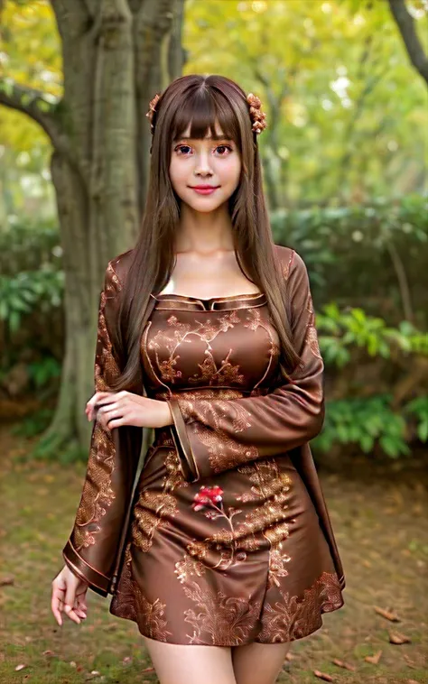 masterpiece, best quality, 1girl, solo, long hair, looking at viewer, smile, bangs, hair ornament, brown eyes, long sleeves, dress, standing, collarbone, brown hair, alternate costume, wide sleeves, tree, chinese clothes, hairpin,  