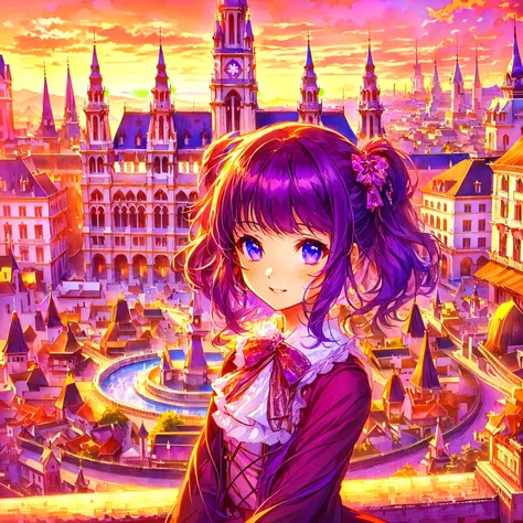 Anime girl in a purple dress standing on a balcony overlooking the city, Anime Style 4k, anime art wallpaper 4k, Cute girl anime visuals, anime art wallpaper 4k, Beautiful Anime Girls, HD Anime Wallpaper, Cute Anime Girl, Detailed digital anime art, Anime ...