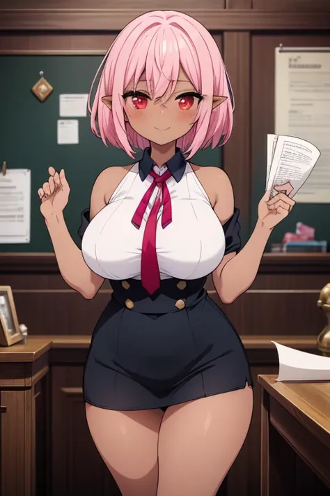 Cute naughty receptionist, (dark elf, dark skin:1.3), Pastel colors hair, (large breasts:1.2, Thighs:1.2, thick legs:1.2, curvy:1.2), pink hair, (short hair, flipped hair:1.2, tired hair, hair intakes), red eyes, (naked:1.3), standard height, (slant eyes, ...