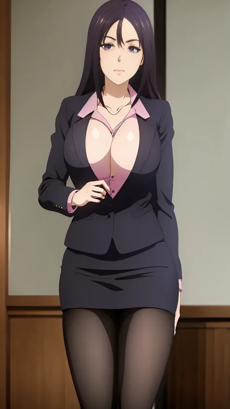 best quality, masterpiece, newest, late, (((Best quality))),(((master piece))),(big tits),(long tits:1.1), looking at viewer, mature female, large breasts, long hair, purple eyes,
office lady, black blazer, pink shirt, collarbone, cleavage, pencil skirt, p...