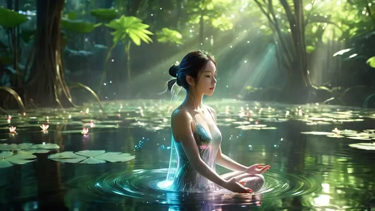 1girl，beautiful，blingbling water，Motion blurred，many many many fractal plants，Movie-level lighting effects，lotus pose,  on the water, reflection,，Glowing Line,Glow Example，Tracking example，flash， Backlight，translucent，light particles