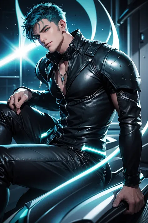 handsome man, short hair, blue hair, green eyes, sexy pose, devilish smile, ultra-data lighting effects, looks towards camera, leaning forward, black leather clothing.