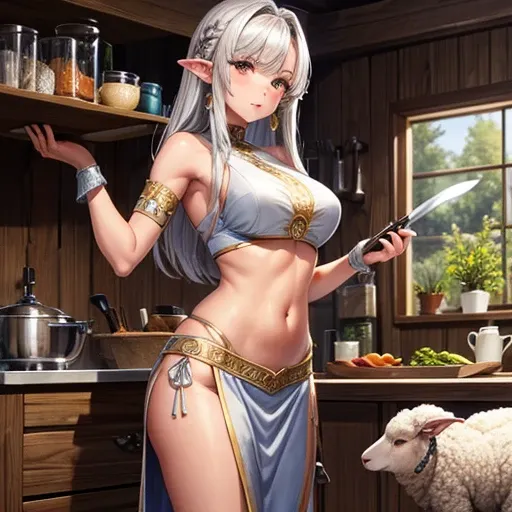 A silver-haired, brown-skinned dark elf woman at a sheep farm holding a kitchen knife　Showing your belly button　Indian traditional clothing　