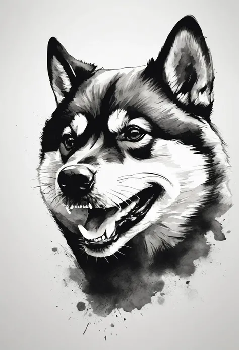 "Dynamic ink brushstroke style, black and white only: illustration by a professional illustrator, featuring an angry Shiba Inu baring its teeth, action shot, high detail, white background, sharp focus, full body, masterpiece, highly detailed, high quality,...