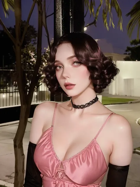 there is a woman in a pink dress posing for a picture, in style of petra collins, with short hair, young beautiful amouranth, pale goth beauty, wearing intricate black choker, wearing black choker, inspired by Winona Nelson, petra collins, curly middle par...