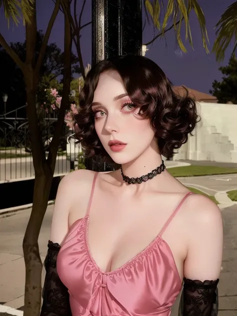 there is a woman in a pink dress posing for a picture, in style of petra collins, with short hair, young beautiful amouranth, pale goth beauty, wearing intricate black choker, wearing black choker, inspired by Winona Nelson, petra collins, curly middle par...