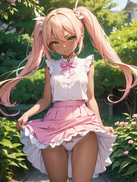 (A beautiful young Japanese woman), nsfw, Detailed Background, (((独奏))), ((Excellent anatomy: 1.2)), (Blonde, Short pigtails), Small breasts, (dark skin:1.3), (green eyes), (Beautiful Eyes), (((magical pink girl outfit, frill mini skirt:1.1))), (White pant...