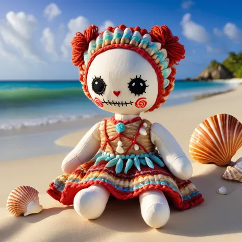 (knitted toy voodoo doll:1.5), (Voodoo collecting magical seashells:1.3), (Clothing: casual outfit with seashell patterns:1.0), (Accessories: enchanted shell bag, glowing seashells, mystical beach comb:1.2), (background: serene beach with animated glowing ...