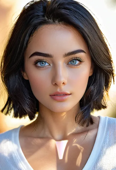 A photorealistic portrait of a 20-year-old female model of [Columbian and American descent], with jaw-dropping black hair, The bob hair style and perfectly styled black eyebrows framing her enchanting grey eyes. She radiates supermodel allure in a white to...