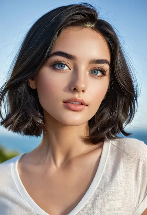 A photorealistic portrait of a 20-year-old female model of [Columbian and American descent], with jaw-dropping black hair, The bob hair style and perfectly styled black eyebrows framing her enchanting grey eyes. She radiates supermodel allure in a white to...