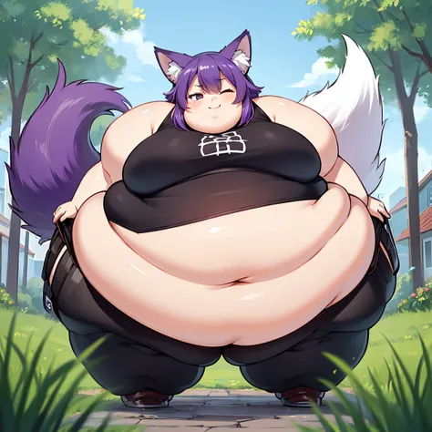 Fluffy and Fat Face, Fart Butt, Big Cheeks, Obese Body, Sexy, Obese Girl, winking with one eye, Happy, Cute Expression, Very Hot, purple hair, fox ear, fox tails