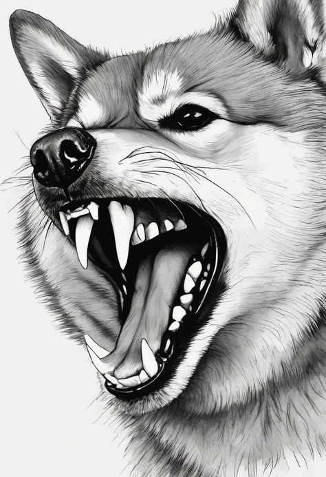 "Dynamic ink brushstroke style, black and white only: illustration by a professional illustrator, featuring an angry Shiba Inu baring its teeth, action shot, high detail, white background, sharp focus, full body, masterpiece, highly detailed, high quality,...