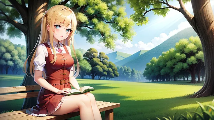 ((Highest quality)), ((masterpiece)), (detailed),(High resolution:1.2)、Woman sitting on bench reading book、The expression is soft、Blonde、in the forest、Long skirt、The leaves of the tree are shining in the rays of the sun、4K、Make sure your face is clearly vi...