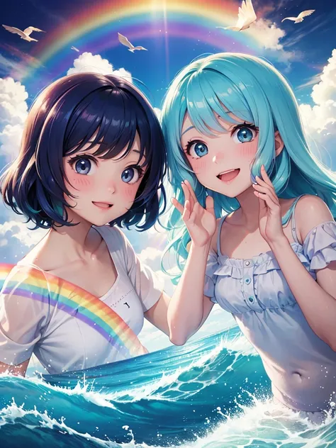 A wave rainbow of two girls. Anime. Background Rainbow. Wave. Cloud. Perfect facial features. Ethereal aura. Playing. Birds. Smile. Happy. rainbow hair wave. Shining 