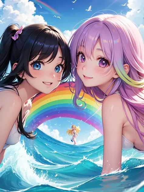 A wave rainbow of two girls. Anime. Background Rainbow. Wave. Cloud. Perfect facial features. Ethereal aura. Playing. Birds. Smile. Happy. rainbow hair wave. Shining 