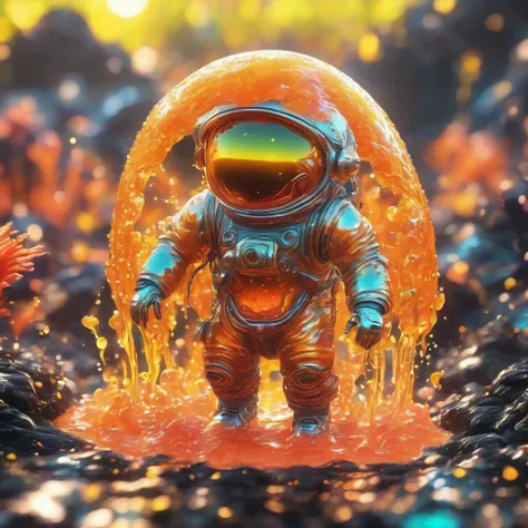 best quality, very good, 1.60,000, ridiculous, extremely detailed, cute slime astronaut，made of translucent boiling lava, backgr...