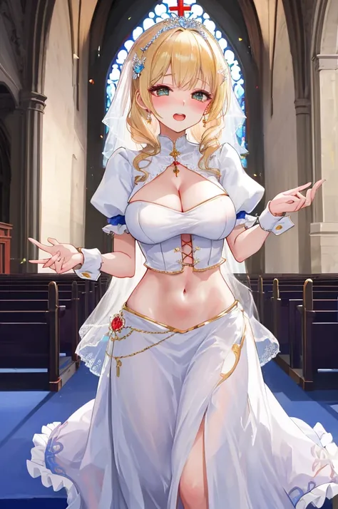 masterpiece，8K，A woman with big tits，Gorgeous woman，Closing Ceremony，bride，Long blond hair，big hair，((hime cut))，Gorgeous jewelry，Crystal Hair Accessories，Cleavage，In front of the altar of the majestic church、Brighter light，(Elegant gloss），(Crinoline)，((Pu...