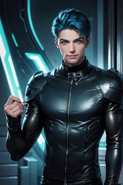 handsome man, short hair, blue hair, green eyes, sexy pose, devilish smile, ultra-data lighting effects, looks towards camera, leaning forward, black leather clothing, muscle.