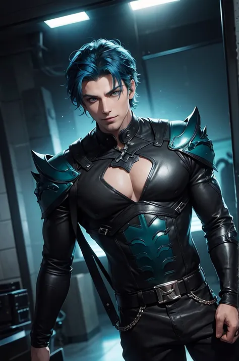 handsome man, short hair, blue hair, green eyes, sexy pose, devilish smile, ultra-data lighting effects, looks towards camera, leaning forward, black leather clothing, muscle.