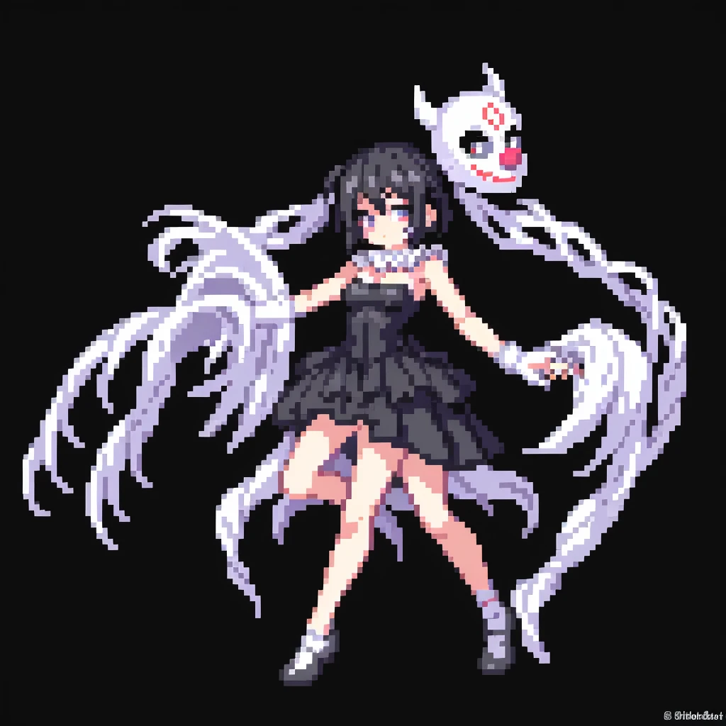 masterpiece , best quality , pixel art , 1 girl , full body , mask , clown , black , white background