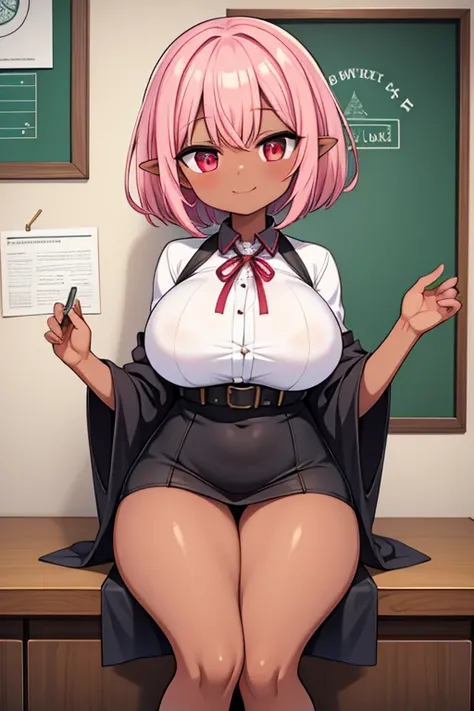 Cute naughty receptionist, (dark elf, dark skin:1.3), Pastel colors hair, (large breasts:1.2, Thighs:1.2, thick legs:1.2, curvy:1.2), pink hair, (short hair, flipped hair:1.2, tired hair, hair intakes), red eyes, (naked:1.2), standard height, (slant eyes, ...