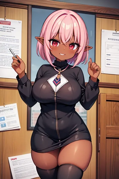 Cute naughty receptionist, (dark elf, dark skin:1.3), Pastel colors hair, (large breasts:1.2, Thighs:1.2, thick legs:1.2, curvy:1.2), pink hair, (short hair, flipped hair:1.2, tired hair, hair intakes), red eyes, (naked:1.2), standard height, (slant eyes, ...