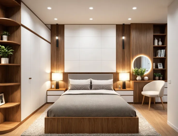 Interior Design, (modern interior space), (modern furniture design), (space that realistically describes the modern interior of a townhouse), (soft warm led light), (circle spotlight), (indoor), (neutral white tone color), (white wall), (An Cuong Wooden Fu...