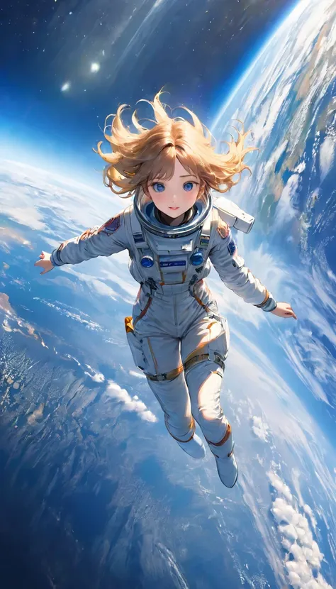 Highest quality、masterpiece、High resolution、RAW Photos、BREAK、Perfect Anatomy、One Girl、Sexy spacesuit、 Skin-tight astronaut suits、Zero Gravity Swimming、universe space、Detailed depiction of the Earth、Blue Earth、Beautiful Earth、Typhoon clouds、Eye of the Typho...