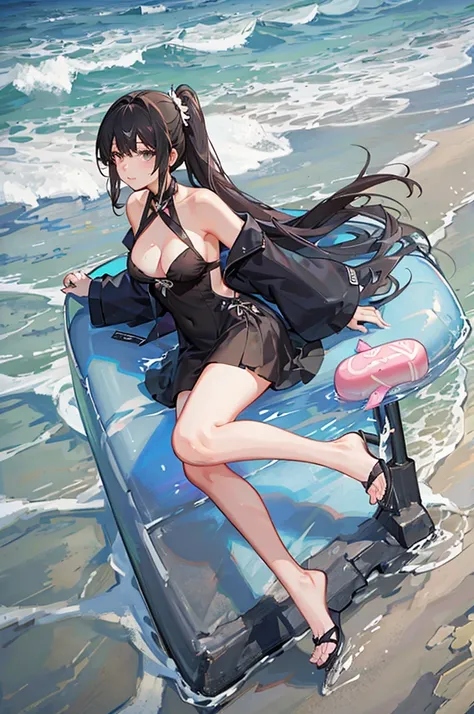 masterpiece,Big Breasts,beauty,Seaside,Sandy Beach,Black Hair,Side Ponytail,Pink long dress,flip flops