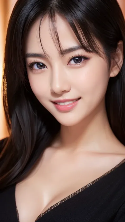 (Super beautiful woman)、((highest quality、8K masterpiece:1.3))、sharp focus:1.2、(super beautiful face:1.0)、(shiny skin:1.0)、realistic pictures、black hair、video lighting、High resolution eyes and face、video lighting、japanese actress、from the front、with a happ...