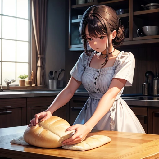 A woman in a dress kneading bread dough