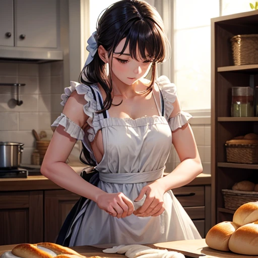 A woman in a dress kneading bread dough