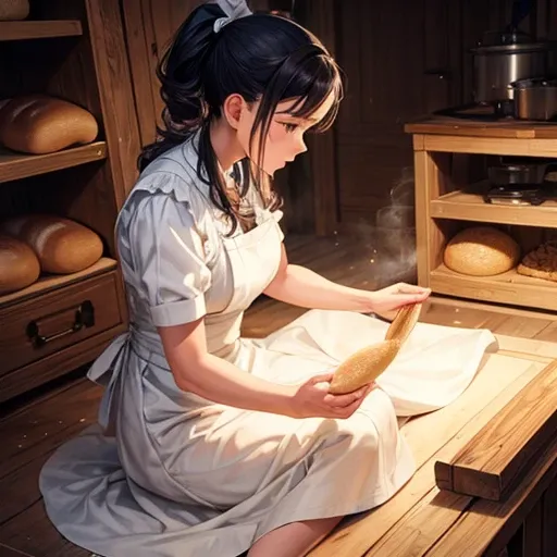 A woman in a dress kneading bread dough