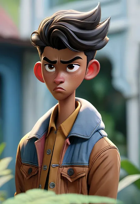 A handsome malay man sad because loss hes lover forever. Hes 187cm tall, Sad background, sad situation, Man standing, blue Levis rugged denim jacket, blue denim pants, damage jeans, wild business style portraits, charismatic characters, aesthetic, tall guy...