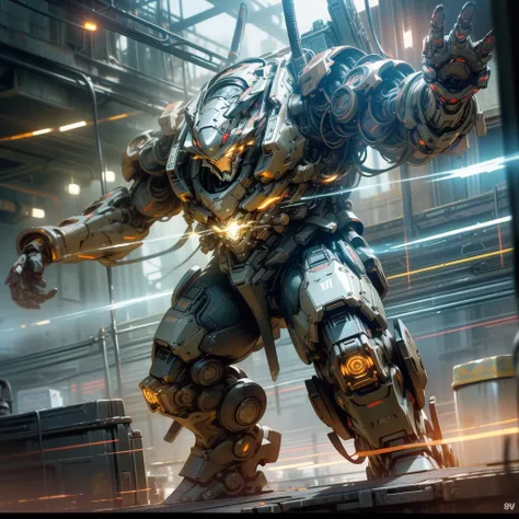 A humanoid warrior robot battle, hyper-detailed mecha, intricate machinery, gears and pistons, dynamic poses, intense action, glowing energy effects, volumetric lighting, cinematic camera angles, dramatic shadows, vibrant colors, futuristic sci-fi setting,...