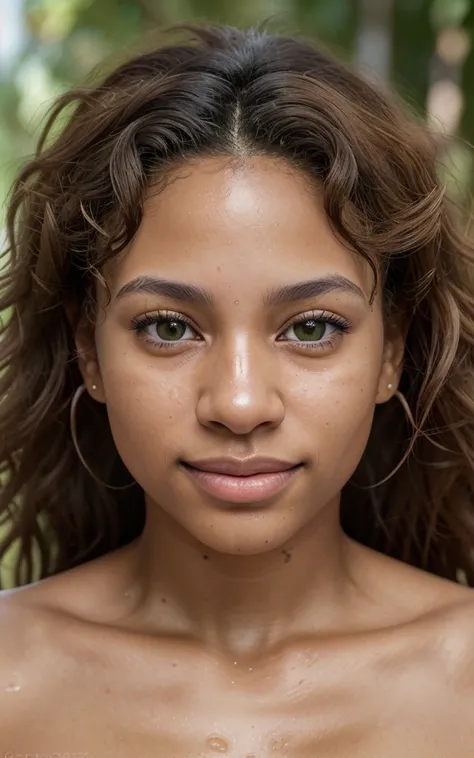 portrait beautiful afro latina taking a selfie looking directly at the camera, selfie, neckline, innocent smile. 23-year-old teenager. Light green eyes. Captivating look. attractive look. Well-formed nose, proportioned lips and defined cheekbones. Natural ...