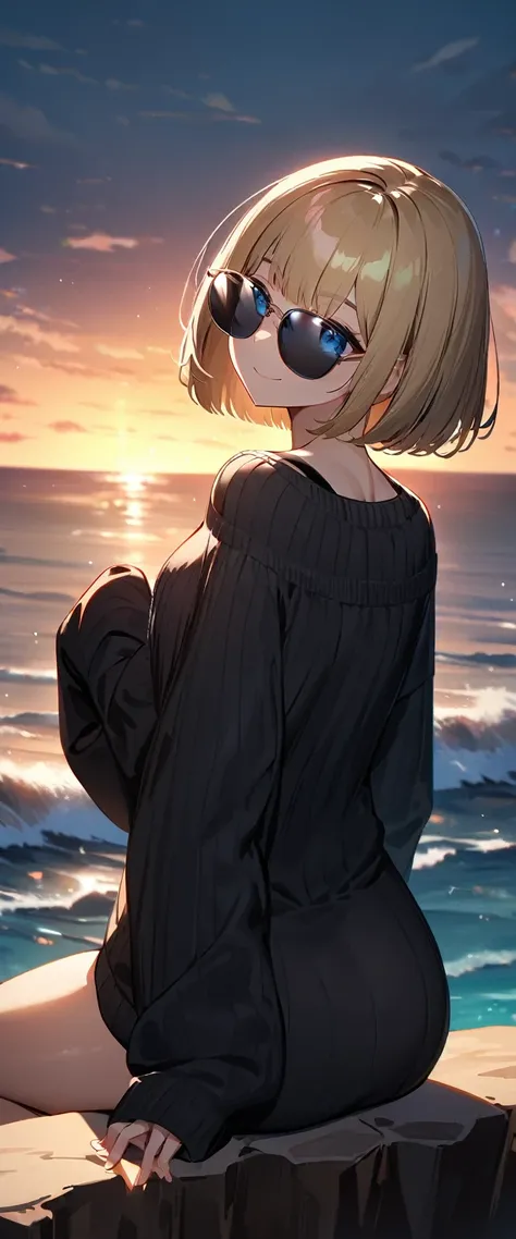 (((One girl))), (((looking back:1.3))), upper body, (back view), sea, beach, Sunset, evening, ((Sitting on a cliff)), head tilt:1.3, (((from behind))), (((Bare legs))), ((aran sweater)), blond hair, ((sunglasses, hand to sunglasses)), (bob cut:1.3)), breas...