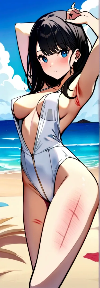 masterpiece, highest quality, High resolution,takarada rikka,1 girl, black hair,blue eyes,(swimsuit,beach),stylish pose,looking at the viewer,in the center of the image, (lively_color:1.2) (beautiful_medium breasts:1.3), (beautiful_face:1.4),(slim_waist), ...