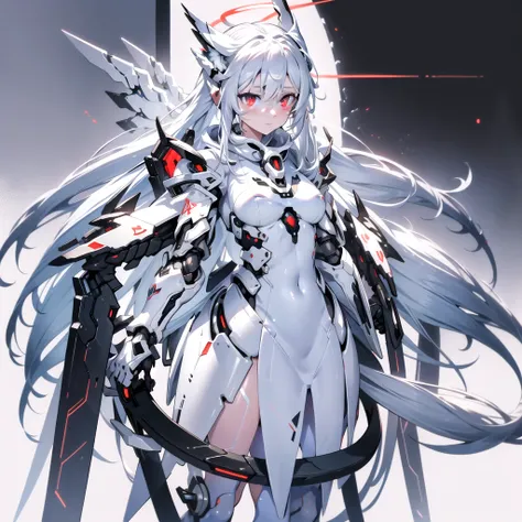 masterpiece, highest quality, highest resolution, clear_image, detailed details, White hair, long hair, cat ears, 1 girl, red eyes, white pantyhose, sci-fi dress, white scarf (white scarf around the neck with a light blue glow), gray futuristic halo (gray ...