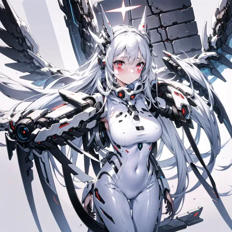 masterpiece, highest quality, highest resolution, clear_image, detailed details, White hair, long hair, cat ears, 1 girl, red eyes, white pantyhose, sci-fi dress, white scarf (white scarf around the neck with a light blue glow), gray futuristic halo (gray ...