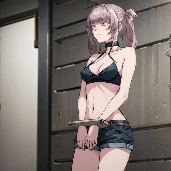 masterpiece, detailed, best quality, beautiful girl, shackles, chains, collar, stocks, 1girl, pink hair, long hair, blunt bangs, sidelocks, blue eyes, NanakusaCropTop, crop top, cleavage cutout, navel, short shorts,  blunt bangs, big breasts, angry express...