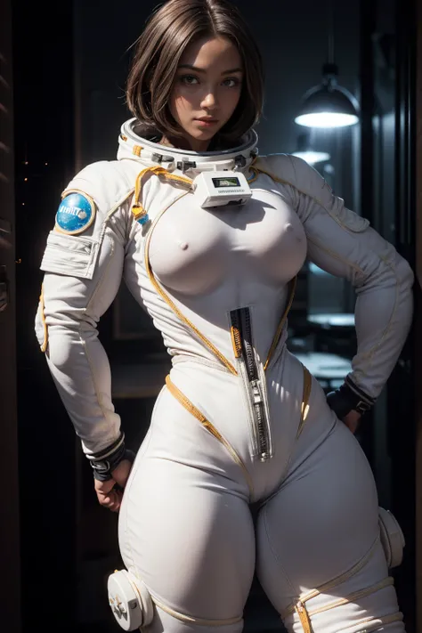 (Muscular:1.8), (thick thighs:1), (large round breasts:1), (large muscular chest and shoulders:1.4), FEMALE, brown hair, long brown hair, (big smile:0), (wearing a tight white spacesuit:1.5), looking at viewer, (three quarter view:1.2), upper body view, (d...