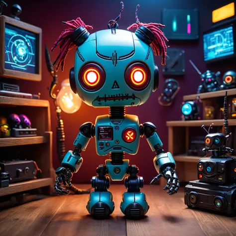 (knitted toy voodoo doll:1.5), (Voodoo controlling magical robots:1.3), (Clothing: casual outfit:1.0), (Accessories: enchanted remote control, glowing robots, mystical command center:1.2), (background: futuristic lab with animated robot actions:1.2), best ...