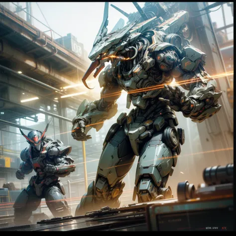 A humanoid warrior robot battle, hyper-detailed mecha, intricate machinery, gears and pistons, dynamic poses, intense action, glowing energy effects, volumetric lighting, cinematic camera angles, dramatic shadows, vibrant colors, futuristic sci-fi setting,...