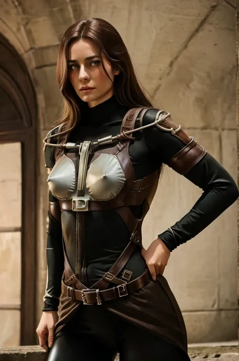 Women from Edwardian age,make hair brown, eyes color Havel Skin pale 
, Survey Corps bodysuit ,