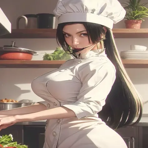 real woman in chefs uniform preparing food in a kitchen, nico robin, tifa lockhart, portrait of tifa lockhart, tifa lockhart with white hair, maya fey from ace attorney, glamorous tifa lockheart, tifa lockhart portrait, seductive tifa lockhart portrait, ti...