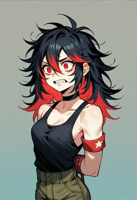 Highest quality, Intricate details, chromatic aberration, One girl, Long Hair, Black Hair, Messy Hair, Red highlights, Hair on one eye, Red eyes, Sharp eyes, choker,Teeth bare,Black tank top,Army Pants , Armband, Put your arms behind your back, Arms tied,F...